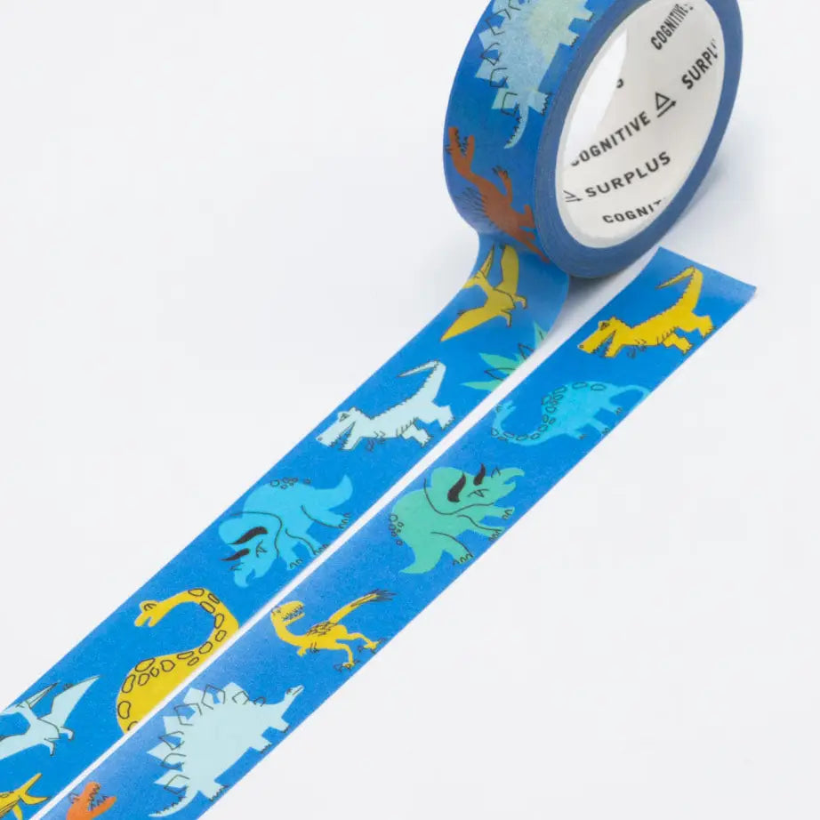 Blue tape with dinosaur designs on a white background