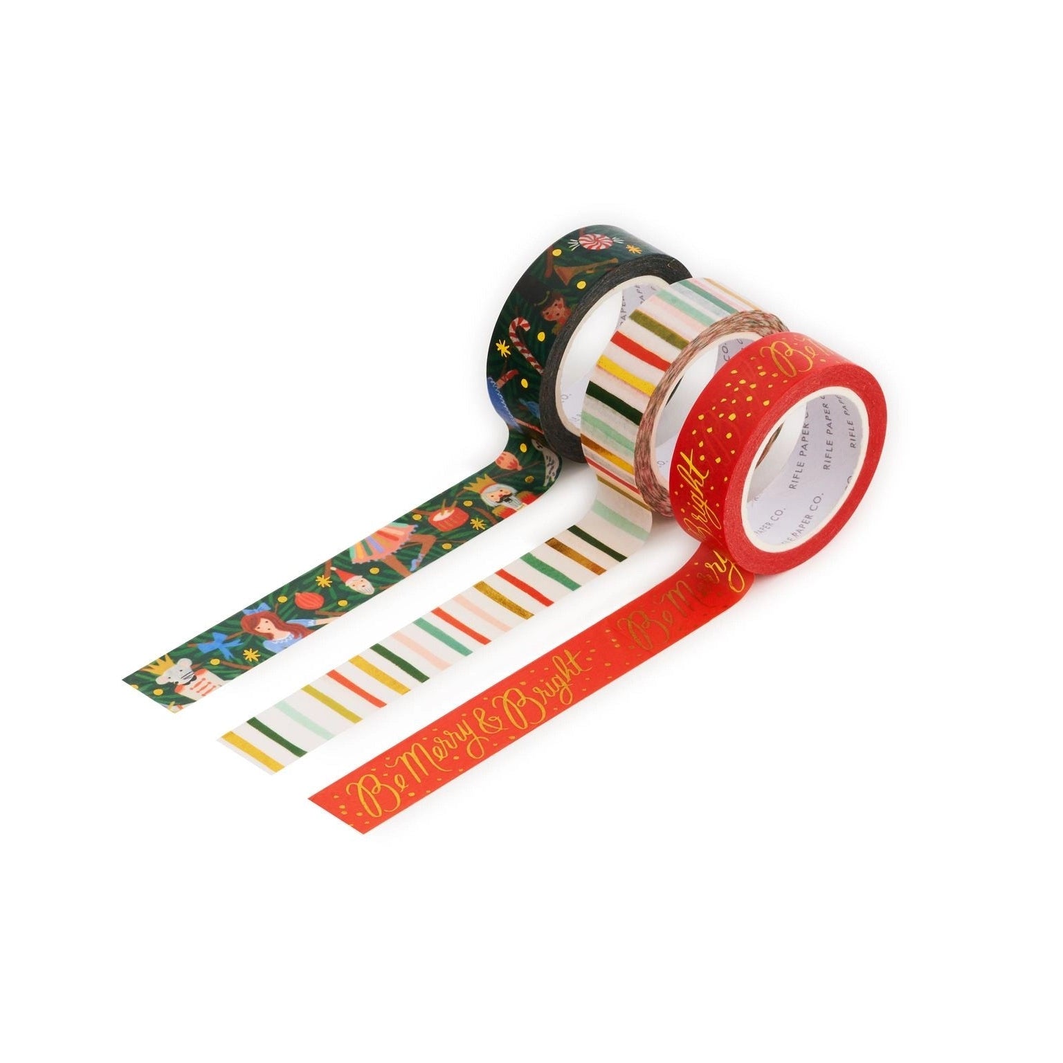 Rolls of decorative washi tape with various patterns including stripes and floral designs, with metallic gold details.