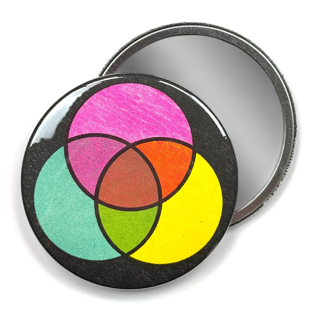 Round mirror with color wheel design on a white background