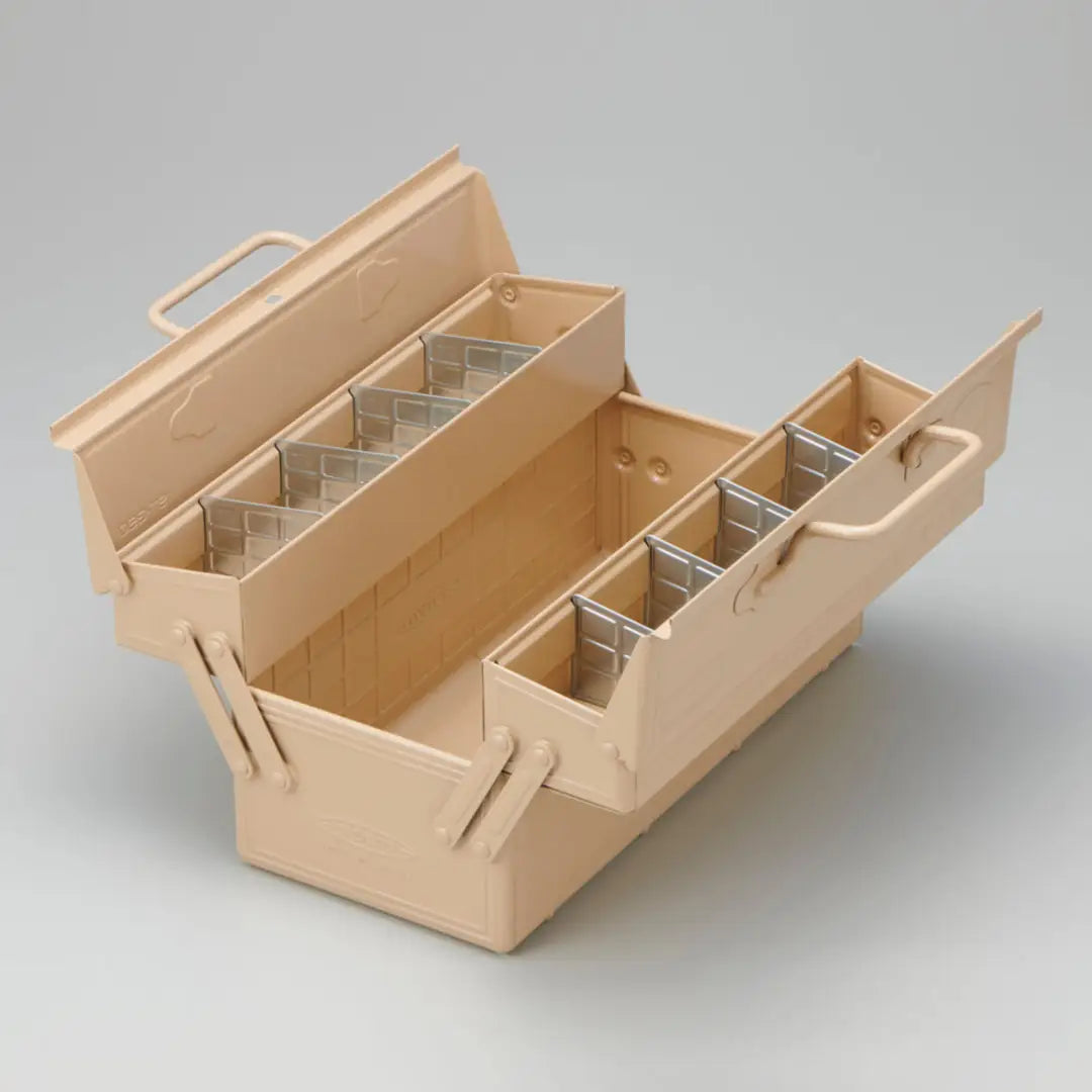 Beige tool box with compartments on a gray background
