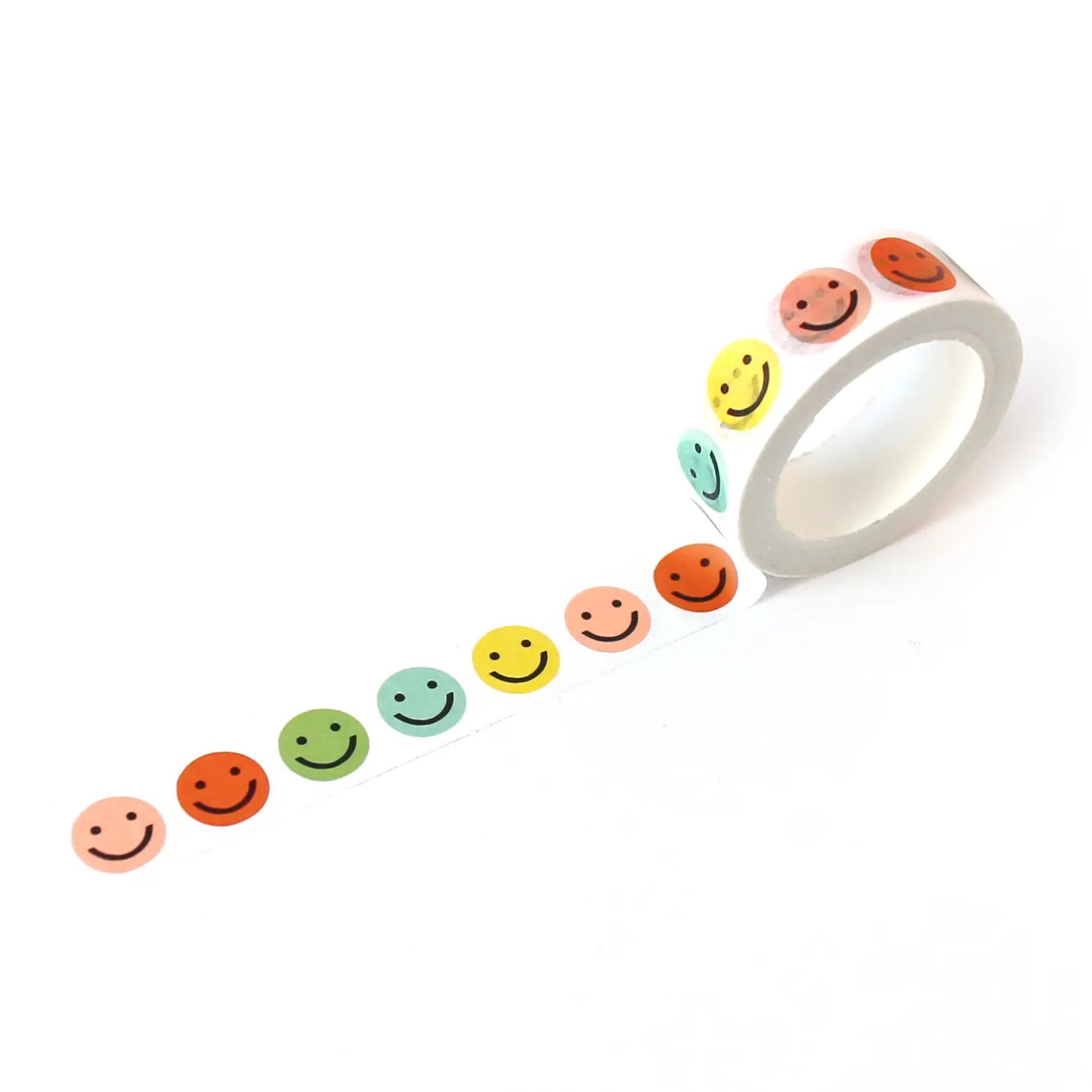 A roll of washi tape with colorful smiley facesUnrolled to show various colors such as green, orange, blue, and yellow smiley faces.