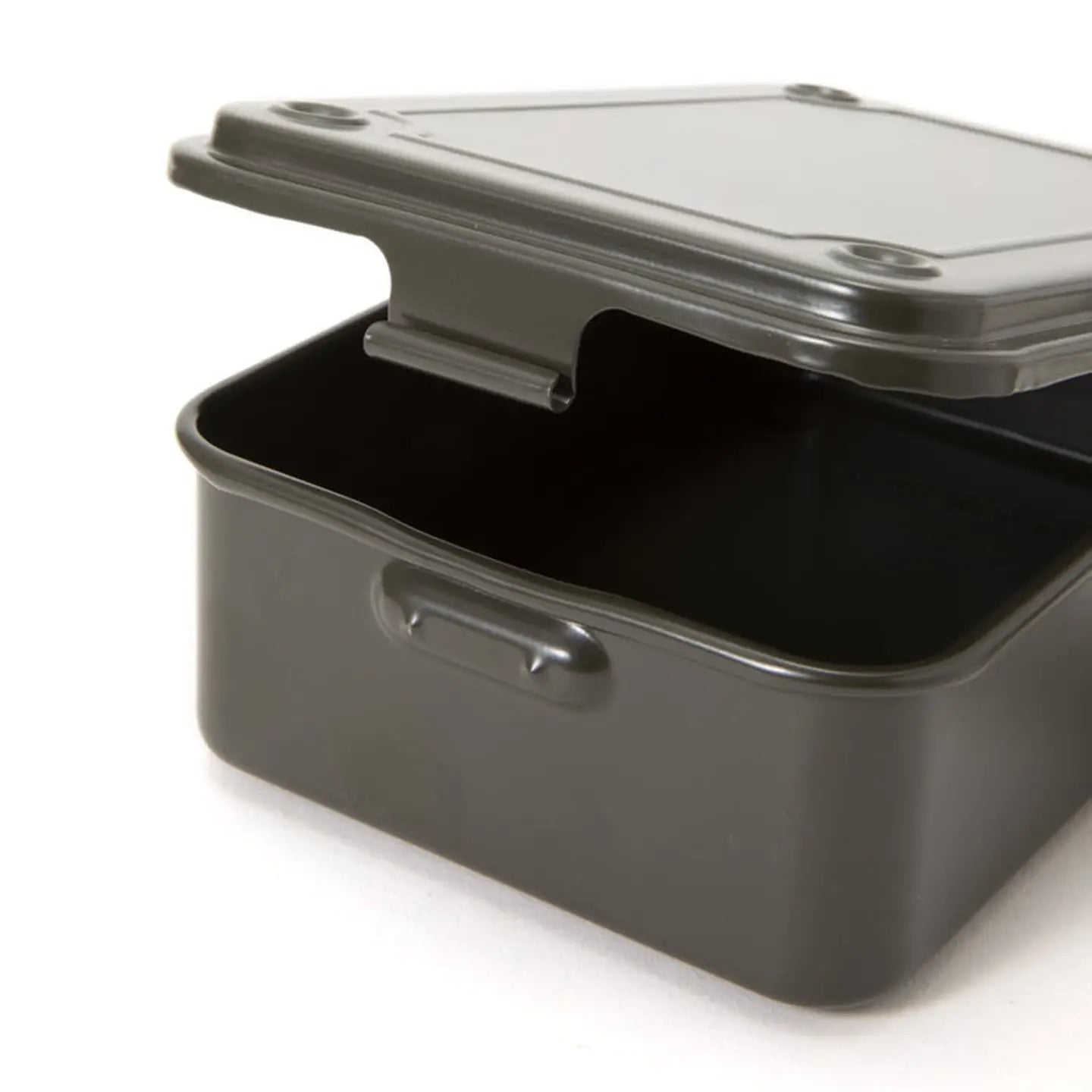 Gray storage box with a lid on a white background