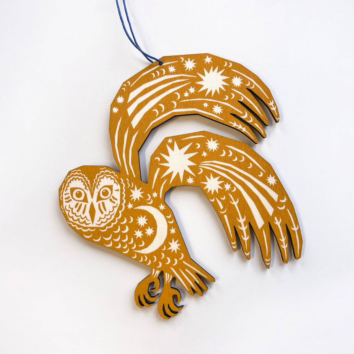 Yellow Ochre Owl - Screen Printed Wooden Ornament