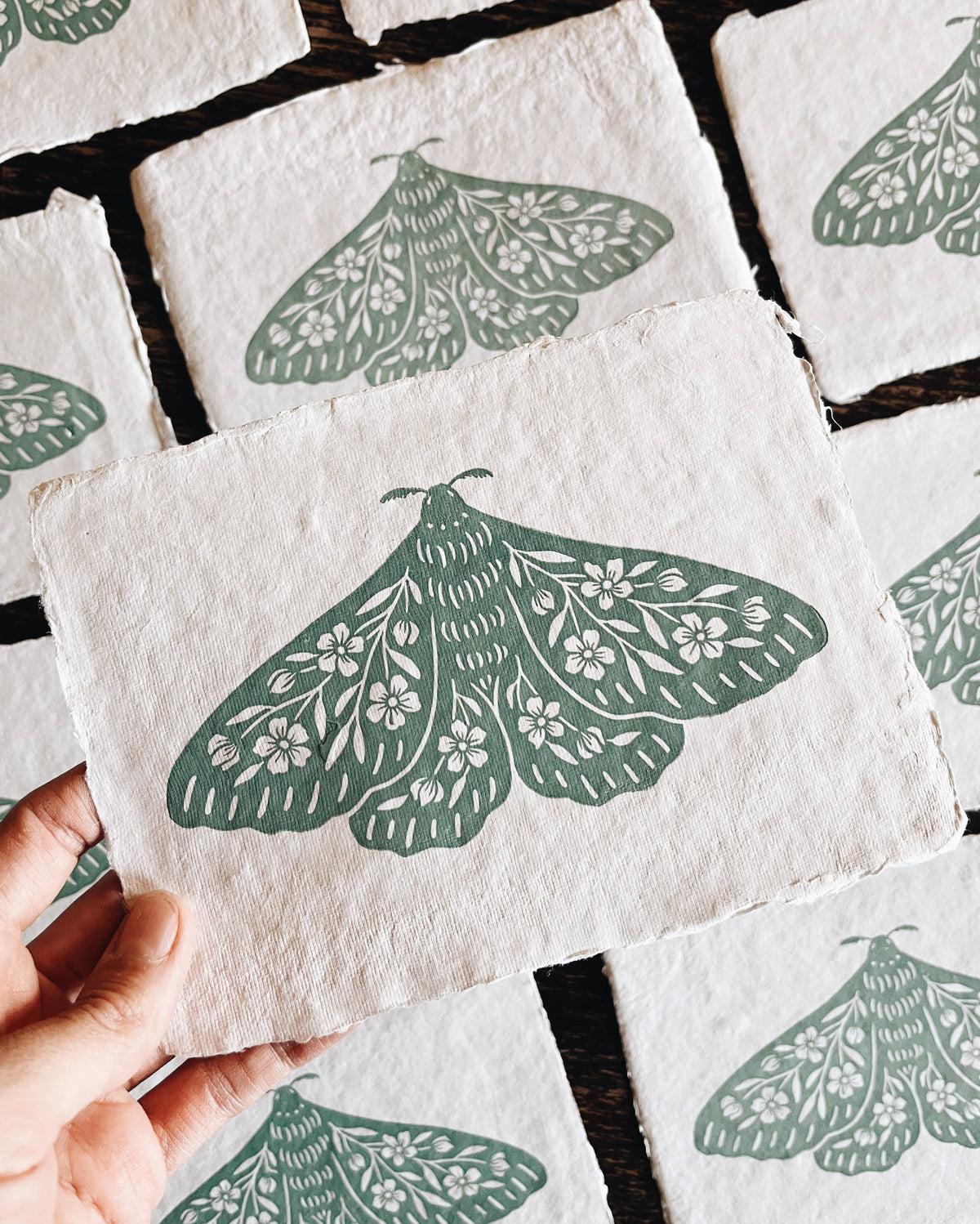 Seafoam Floral Moth Block Print - 5" x 7"