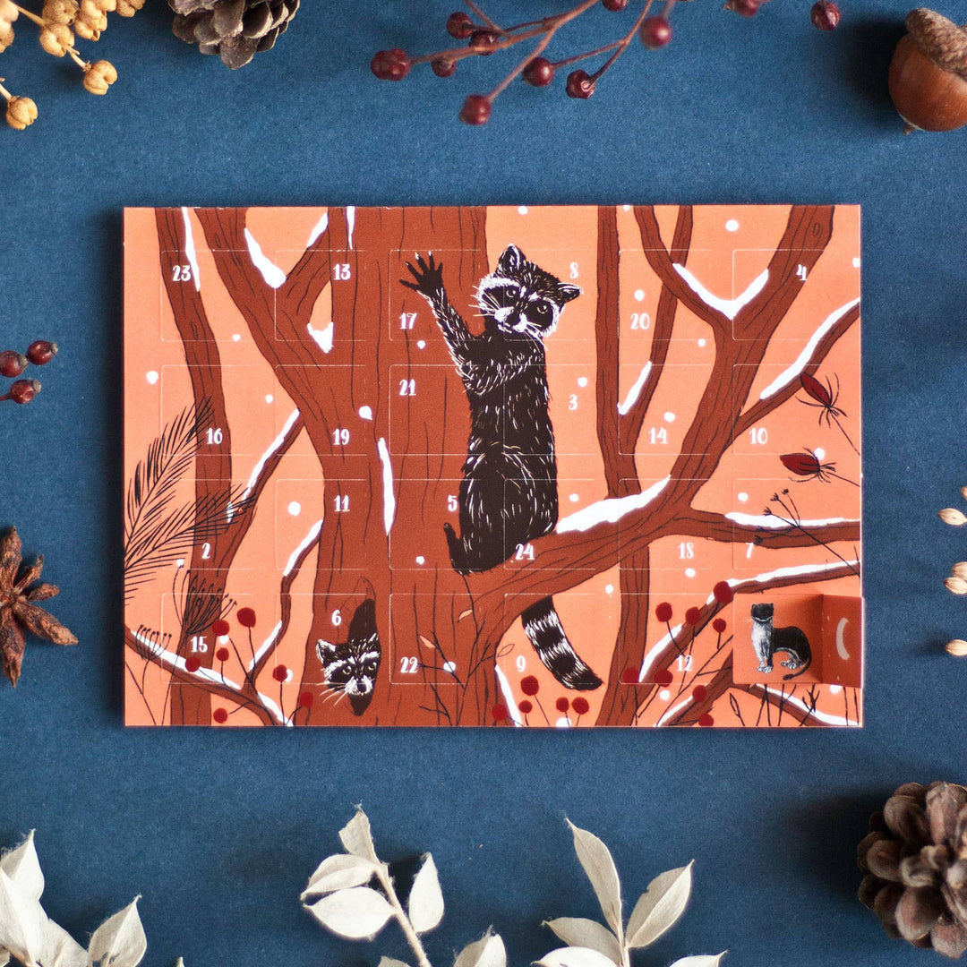 Advent Calendar Postcard - Red Raccoons