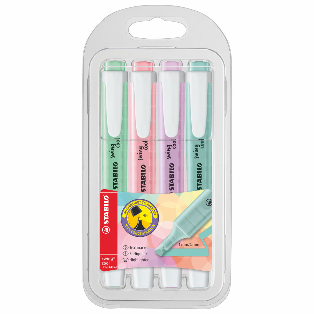 Stabilo Swing Cool Highlighter Set - Pastel 4 Pack Stabilo Swing Highlighters have a traditional chisel tip that students love! They come in a set of 4 pastel colors for easy color coding!  Perfect for art, for school or just around the house crossing tings off your To Do List.  Details: 4 Pens Highlighter Chisel Tip Stabilo Swing Cool  By Stabilo