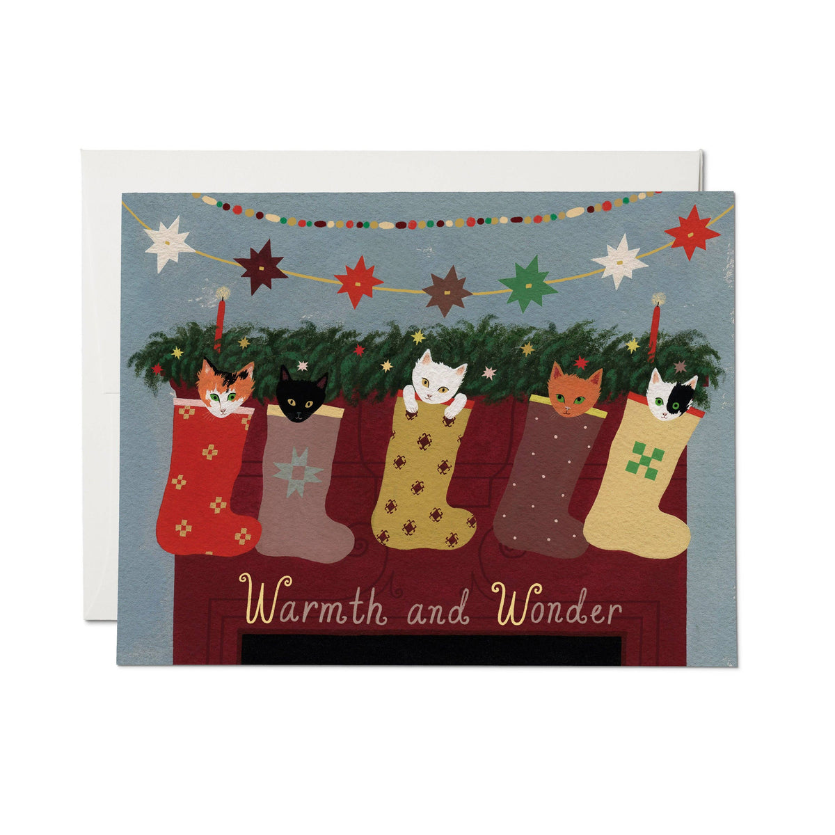 Warmth and Wonder Cat Stockings Christmas Card
