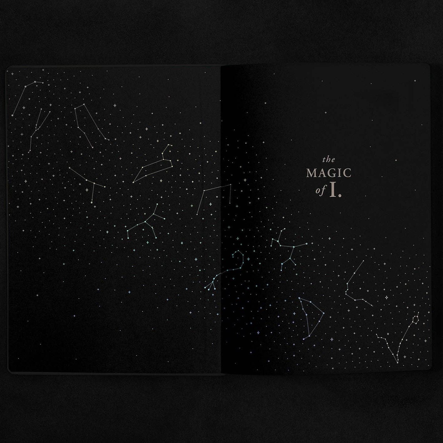Black book with star constellation design on a dark background