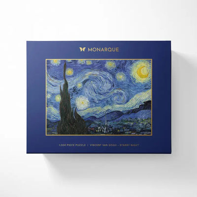 Bring the family together while enjoying the art of Van Gogh's Starry Night! This puzzle features 1,000 pieces made with high-quality blue board pieces with a fabulous drawstring cotton bag to store your pieces. the gorgeous box opens to reveal a gold-foiled inspirational quote with a magnetic closure. Artist history and interesting information are featured on the back. Your puzzle box can be displayed with either the bookend spine or the front face. 