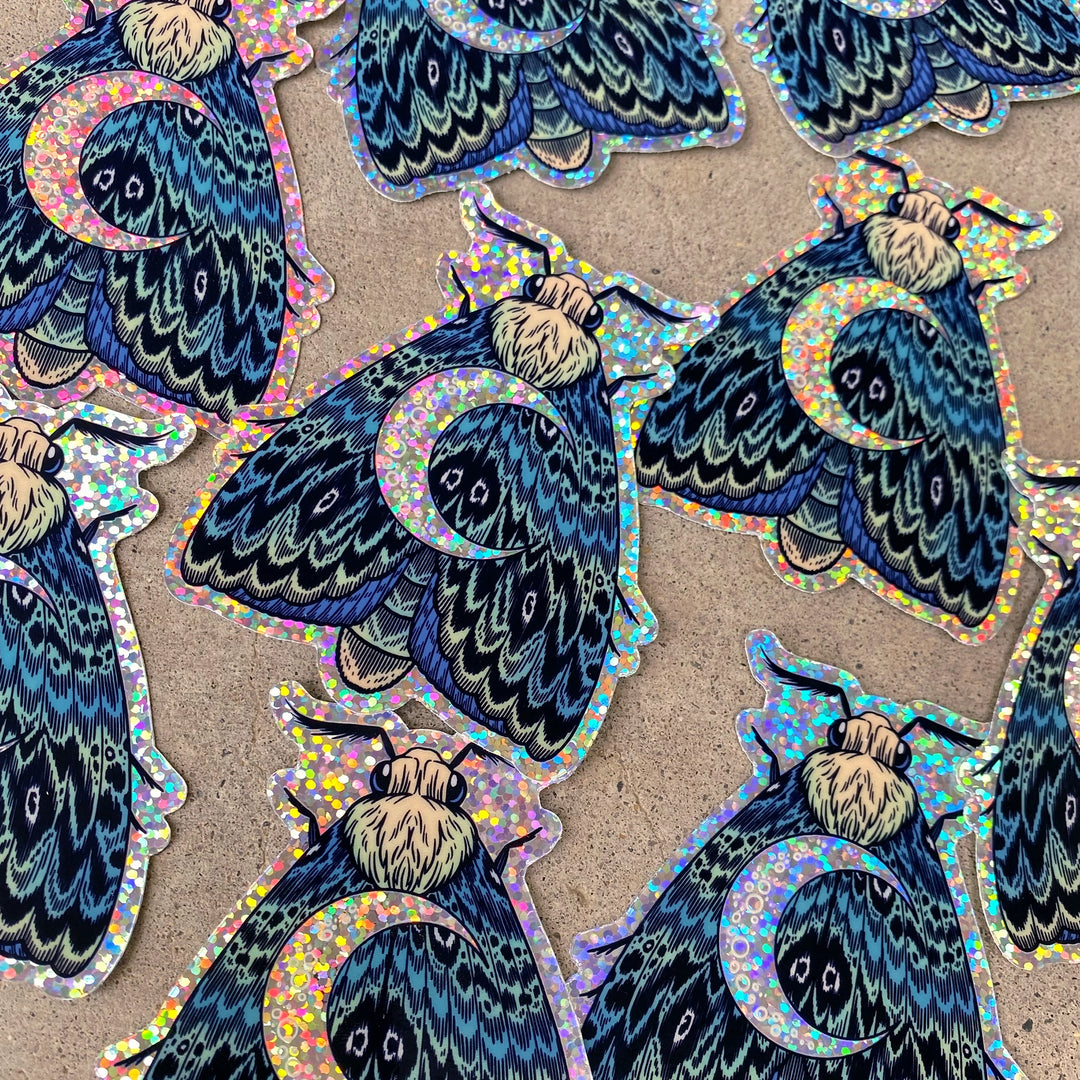 Glitter Crescent Moon Moth Sticker