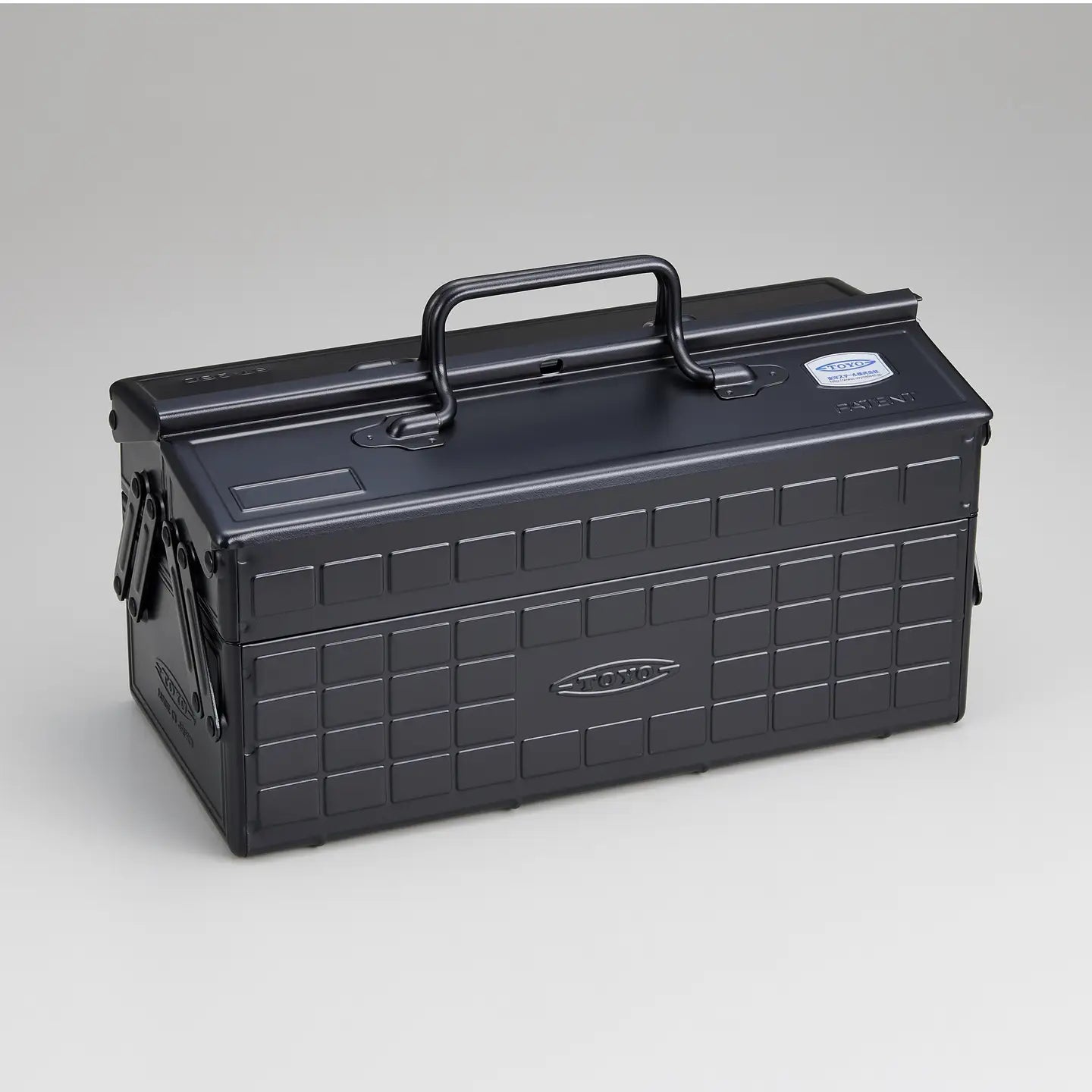 Black toolbox with a handle on a gray background