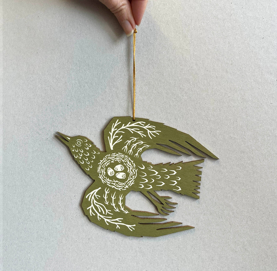Olive Green Bird - Screenprinted Wooden Ornament