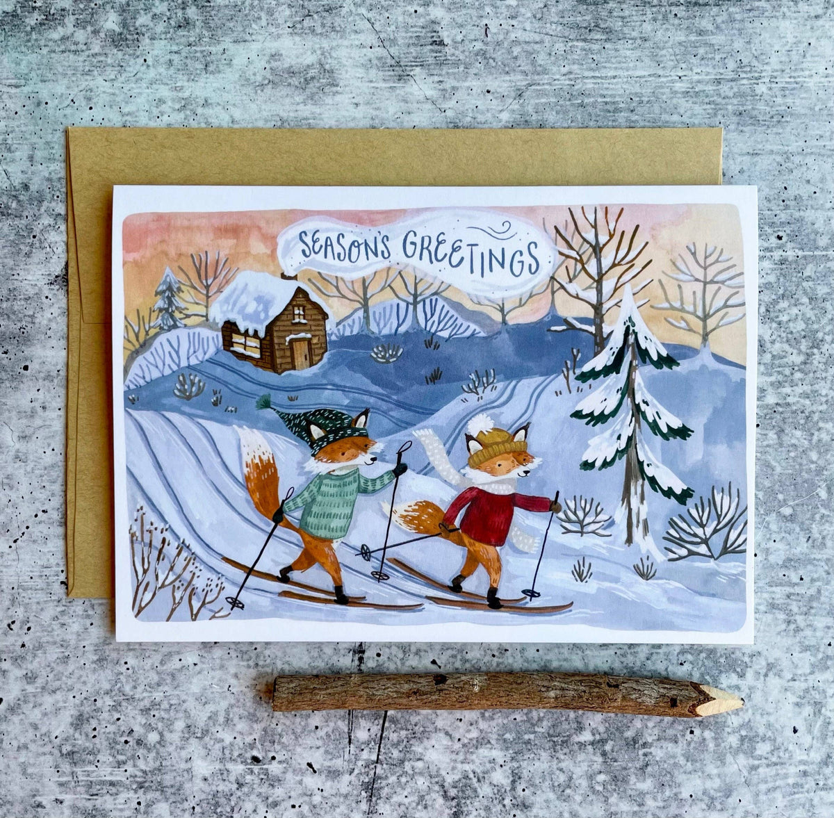 Skiing Foxes Seasons Greetings Card