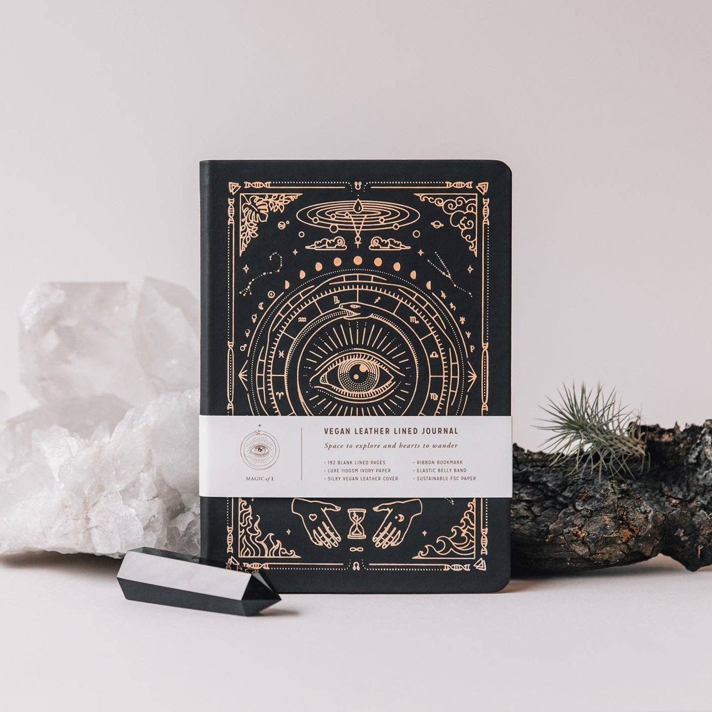 Magic of I, Vegan Leather Black and gold notebook with decorative cover on a white background