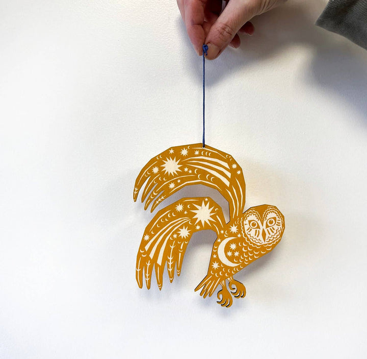 Yellow Ochre Owl - Screenprinted Wooden Ornament