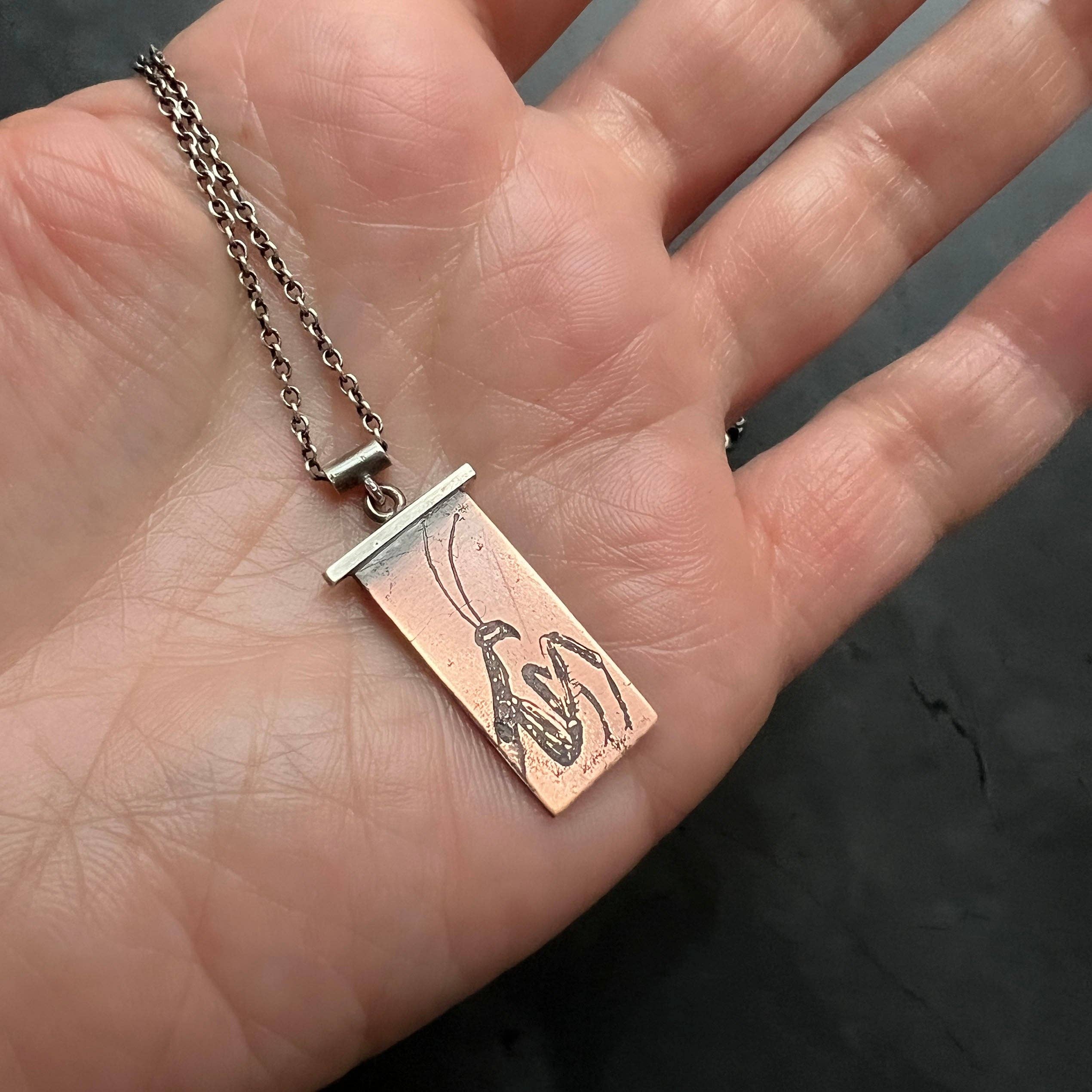Handmade Praying Mantis Necklace in Copper and Sterling Silver