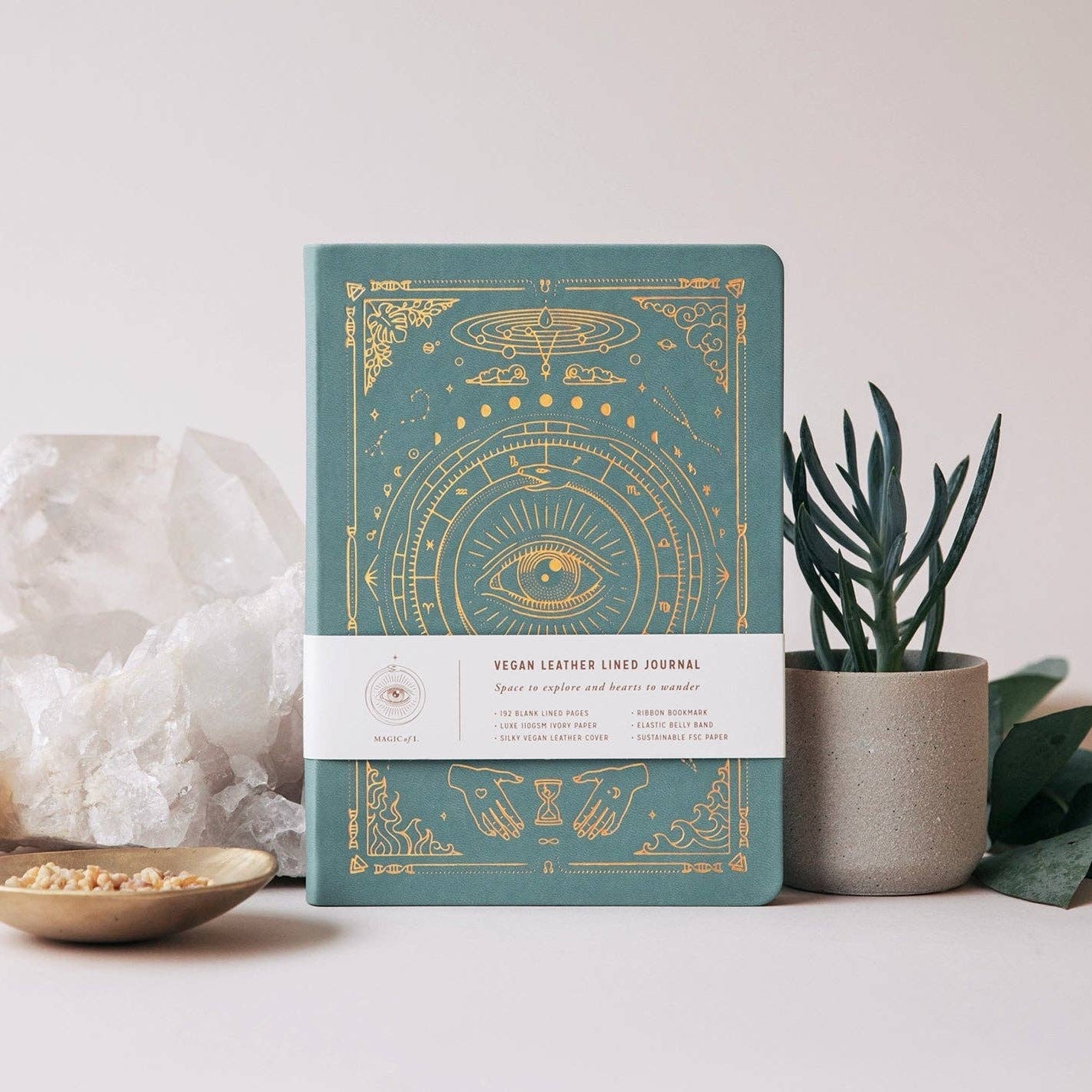 Magic of I Vegan Leather Journal with decorative cover on a neutral background with plants and crystals
