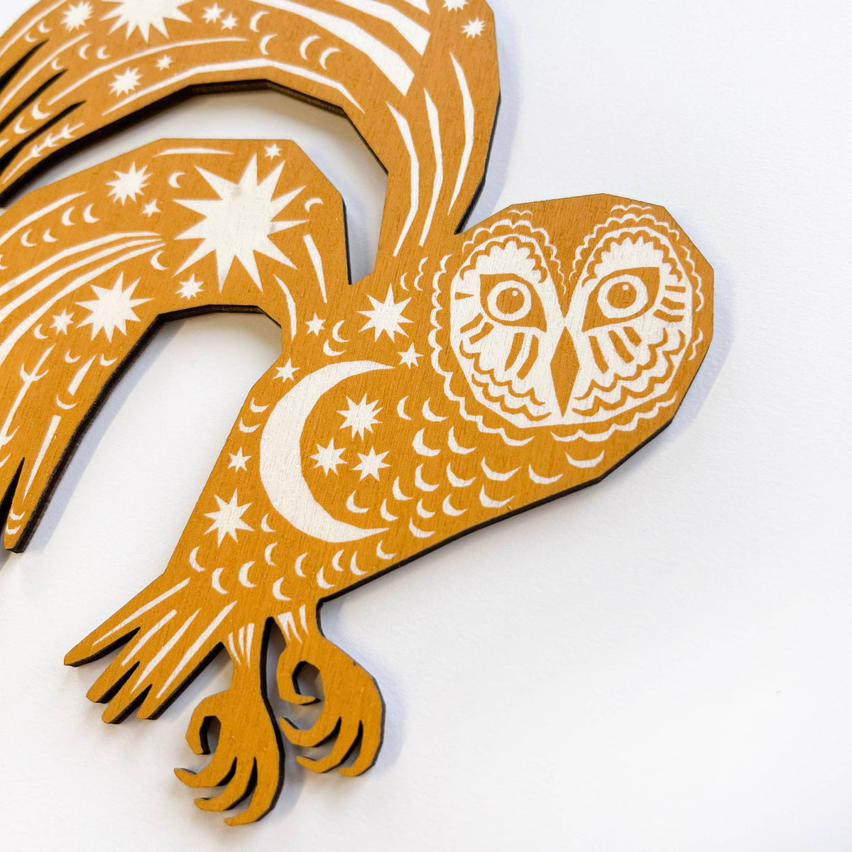 Yellow Ochre Owl - Screen Printed Wooden Ornament