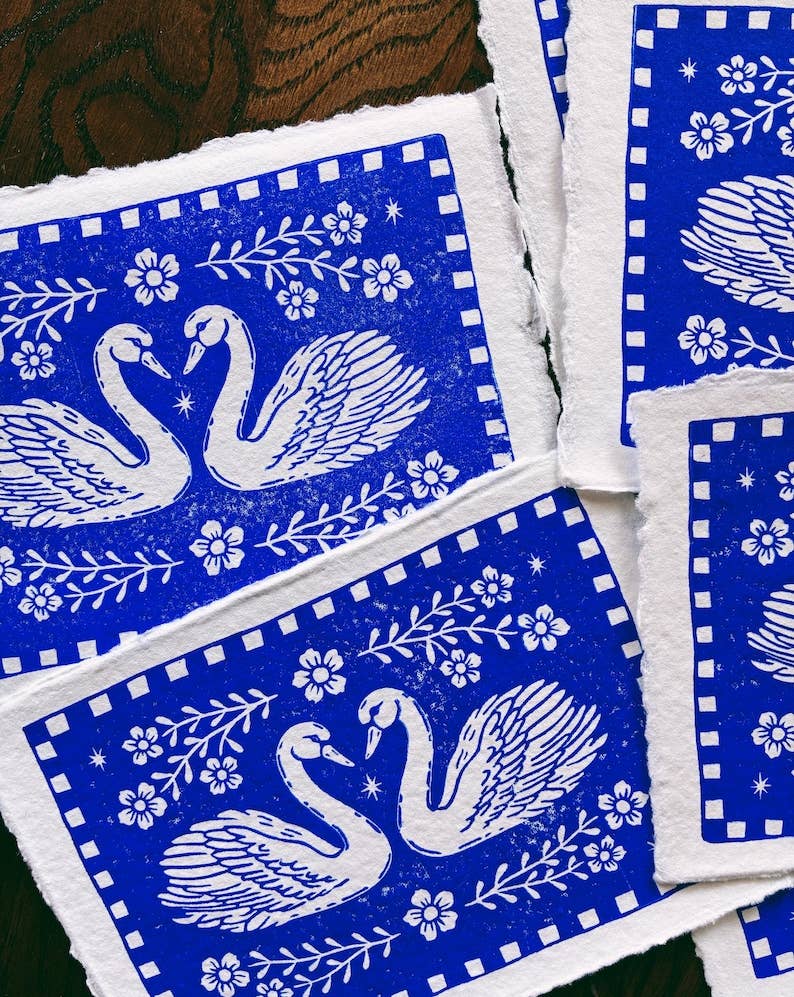 Folk Art Swan Block Print - 5" x 7"