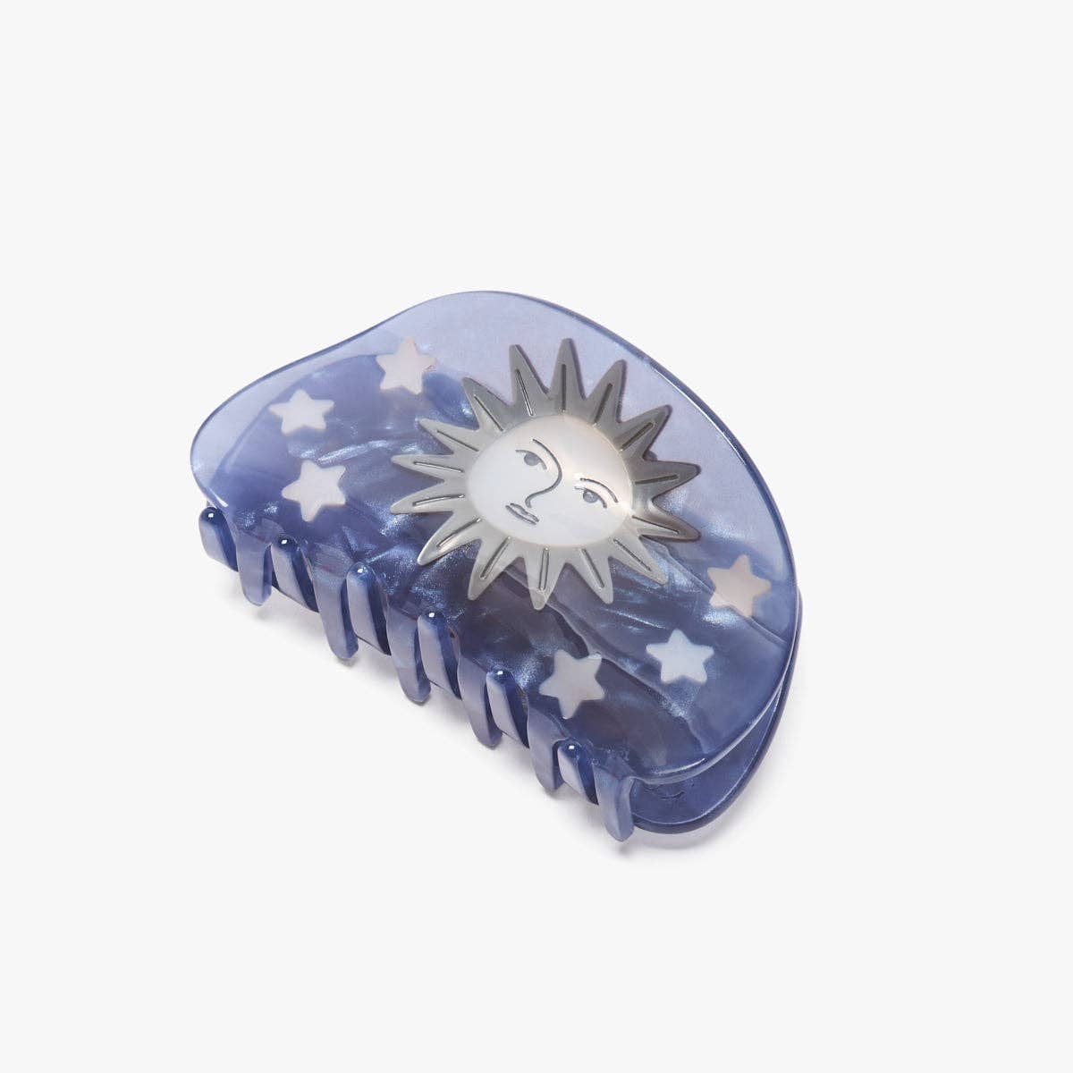 Blue hair clip with sun and star design on a white background. Pleiades Constellation Hair Claw Clip