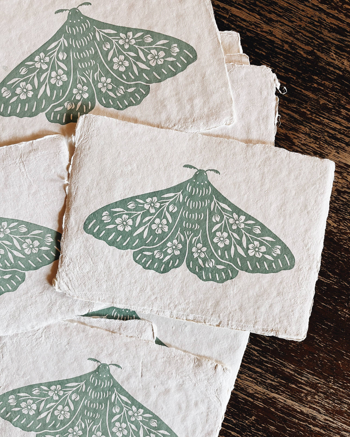 Seafoam Floral Moth Block Print - 5" x 7"
