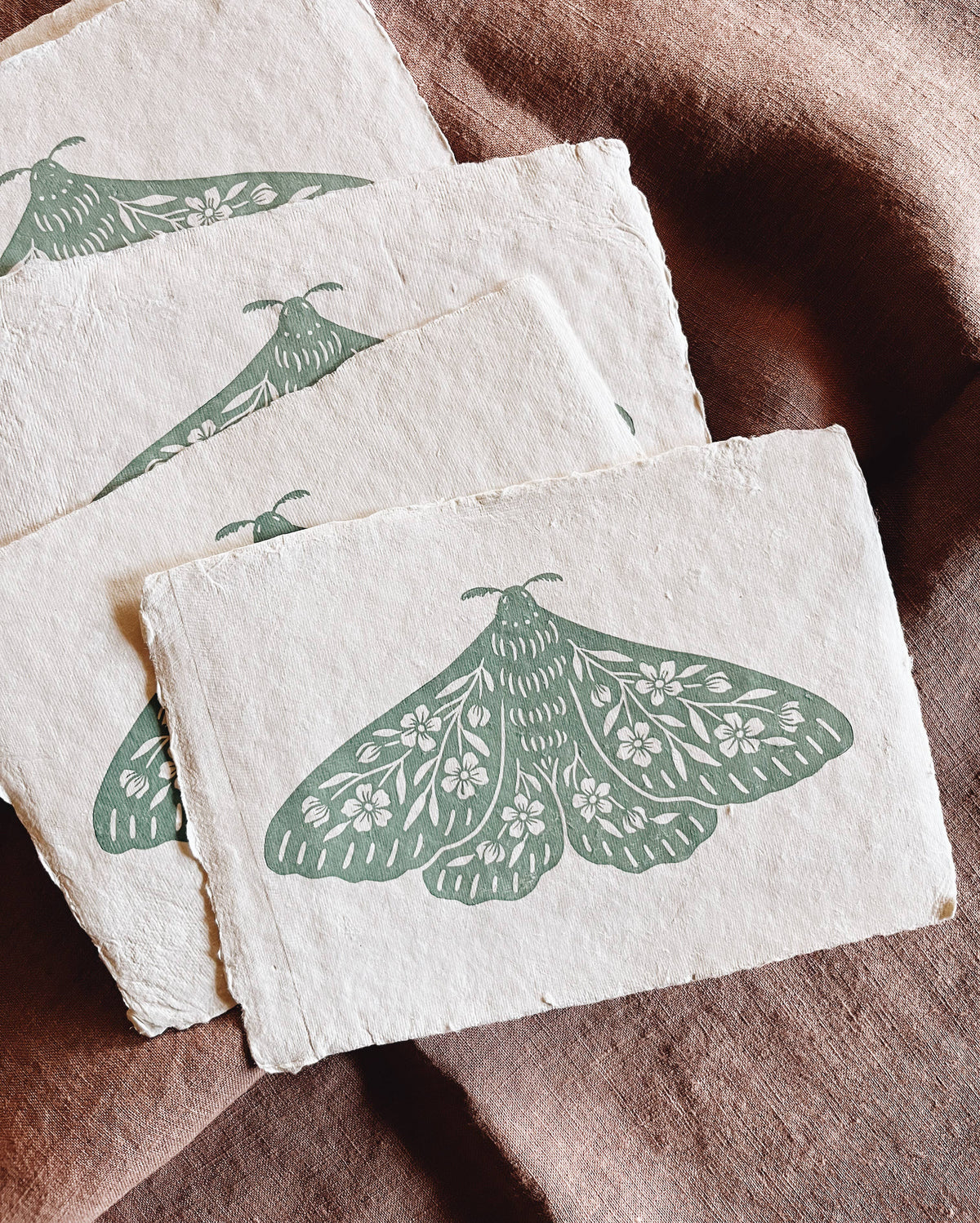 Seafoam Floral Moth Block Print - 5" x 7"