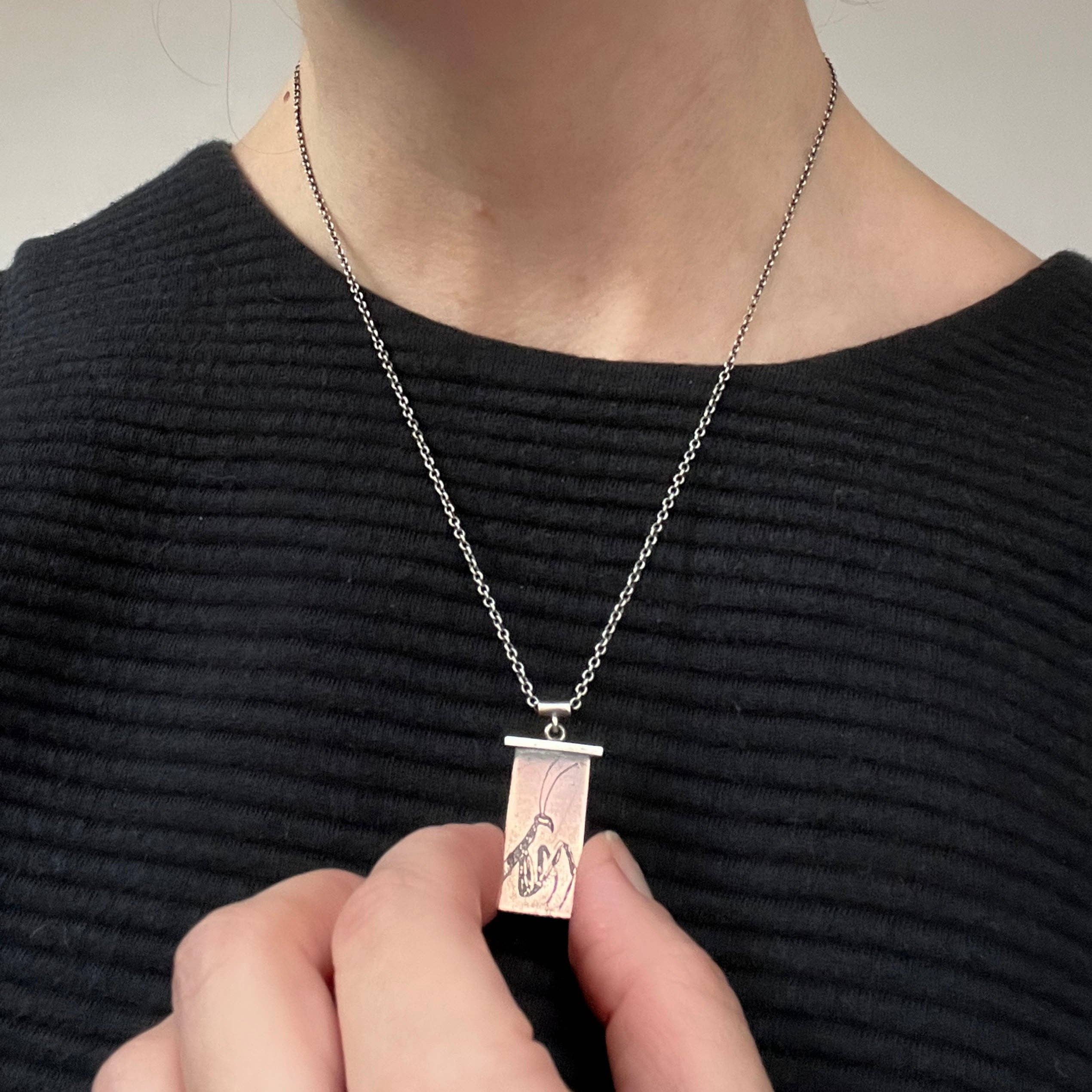 Handmade Praying Mantis Necklace in Copper and Sterling Silver