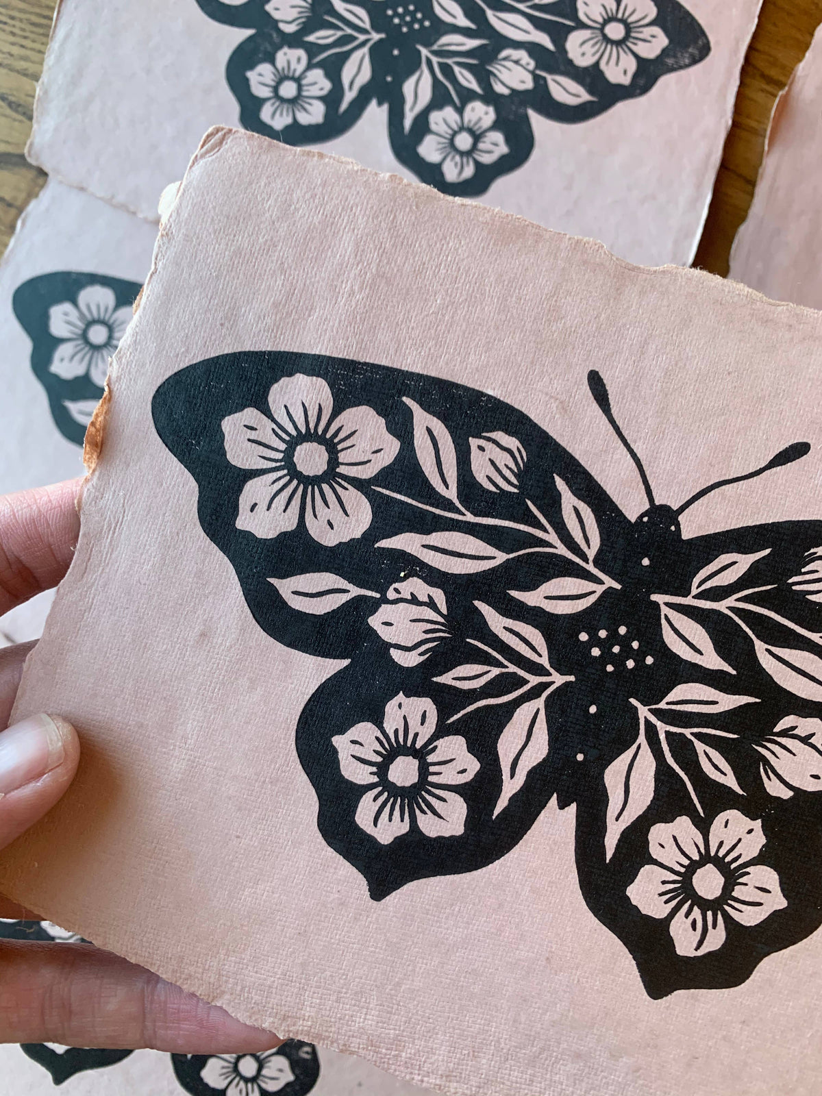 Blush Floral Butterfly Block Print - 5.5" x 8.25"