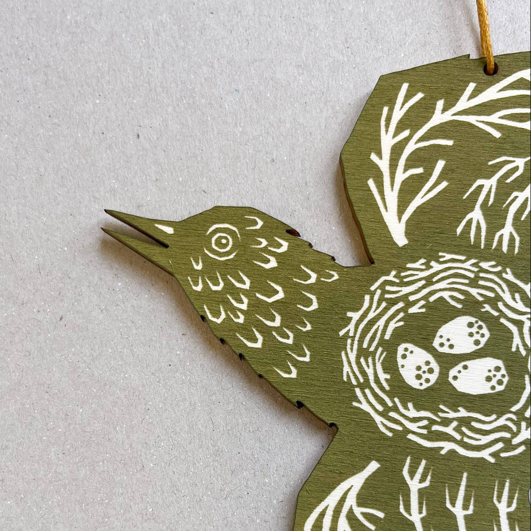 Olive Green Bird - Screenprinted Wooden Ornament