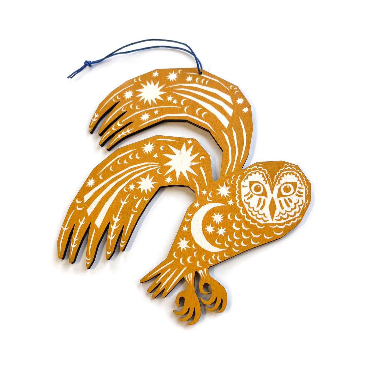 Yellow Ochre Owl - Screen Printed Wooden Ornament
