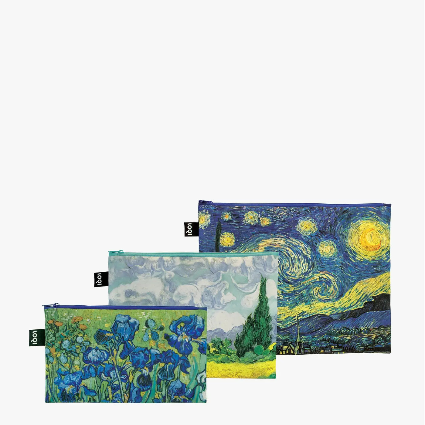 Consuming colors. Sumptuous swirls. Painfully painterly. The recycled zip pocket set pays homage to Vincent van Gogh (1853-1890) and exquisite nature. "if you look closely, all of nature has its beauty… I lose myself in it. And then, as if it’s in a dream, the scene just paints itself for me…"  Including: Starry Night, Irises, and Wheat field with cypresses