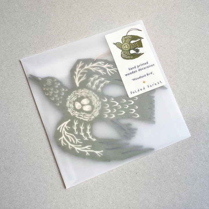 Olive Green Bird - Screenprinted Wooden Ornament