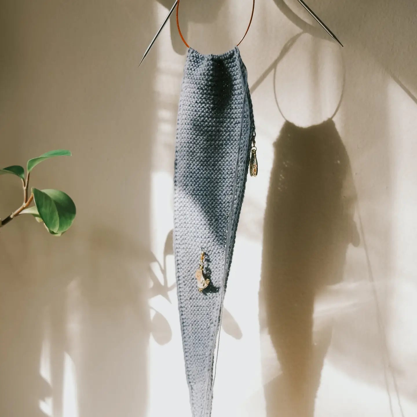 Knitted blue garment hanging on a hook with a plant in the background