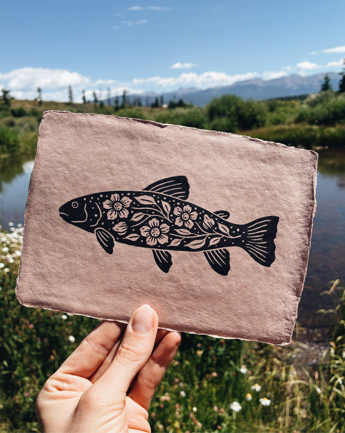 Folk River Trout Block Print - 5" x 7"