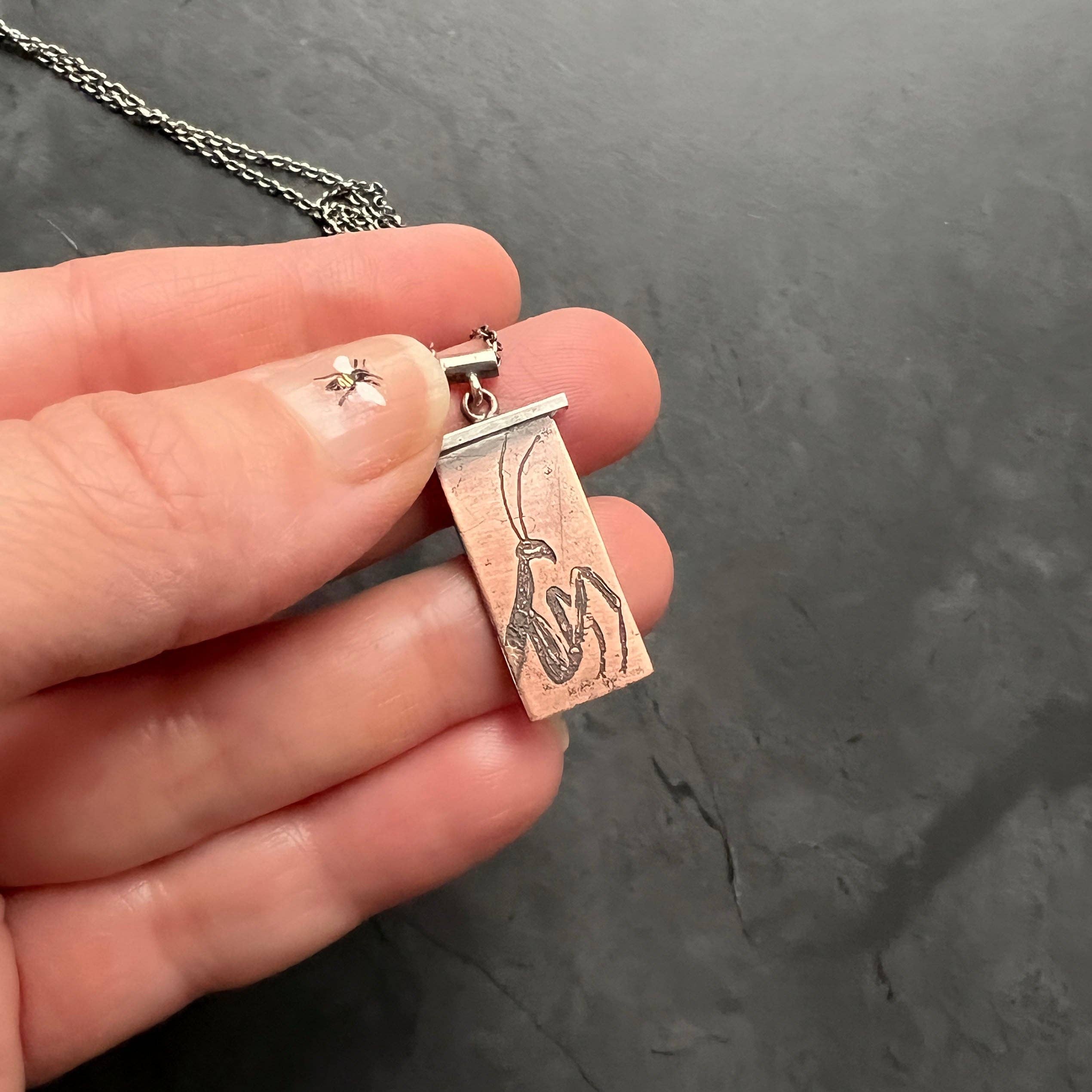 Handmade Praying Mantis Necklace in Copper and Sterling Silver