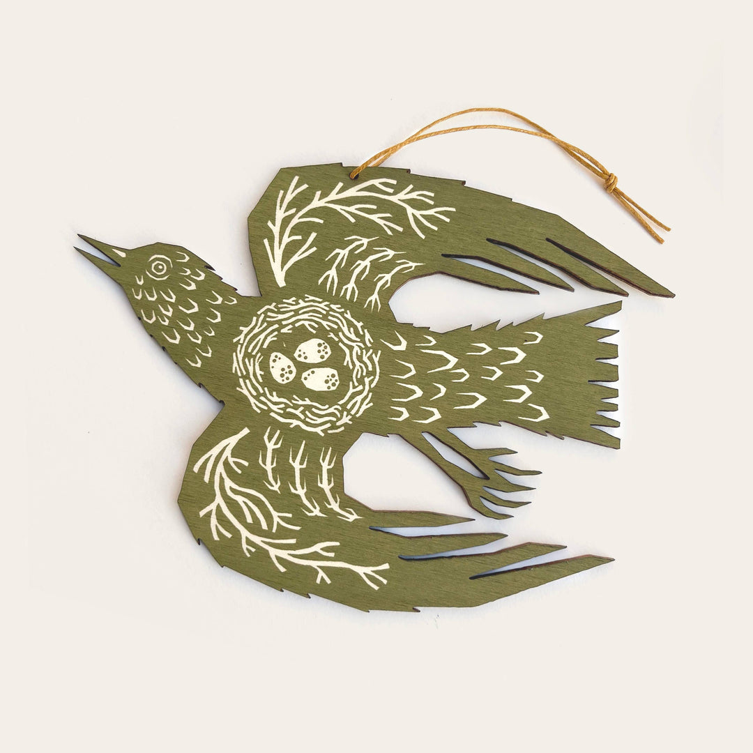 Olive Green Bird - Screenprinted Wooden Ornament
