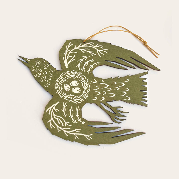 Olive Green Bird - Screenprinted Wooden Ornament