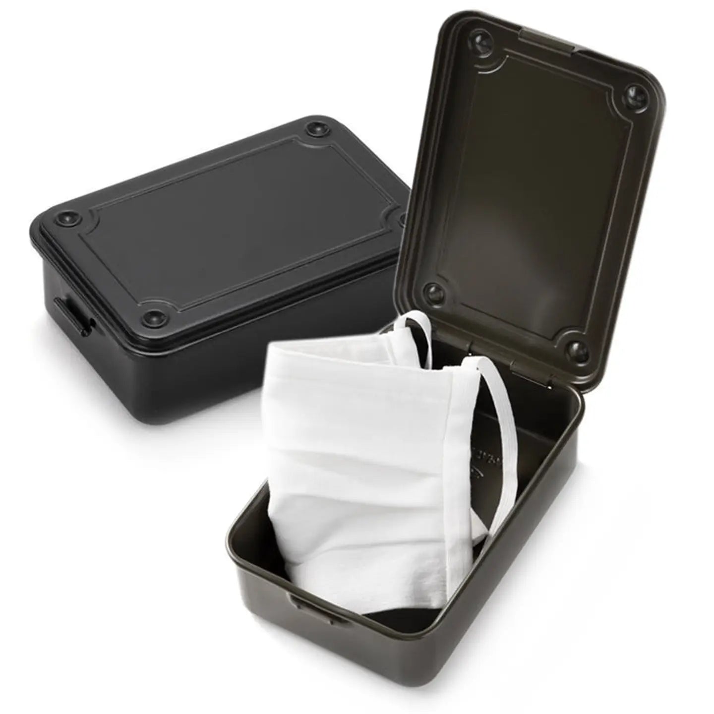 Black rectangular box with a white face mask inside on a white background