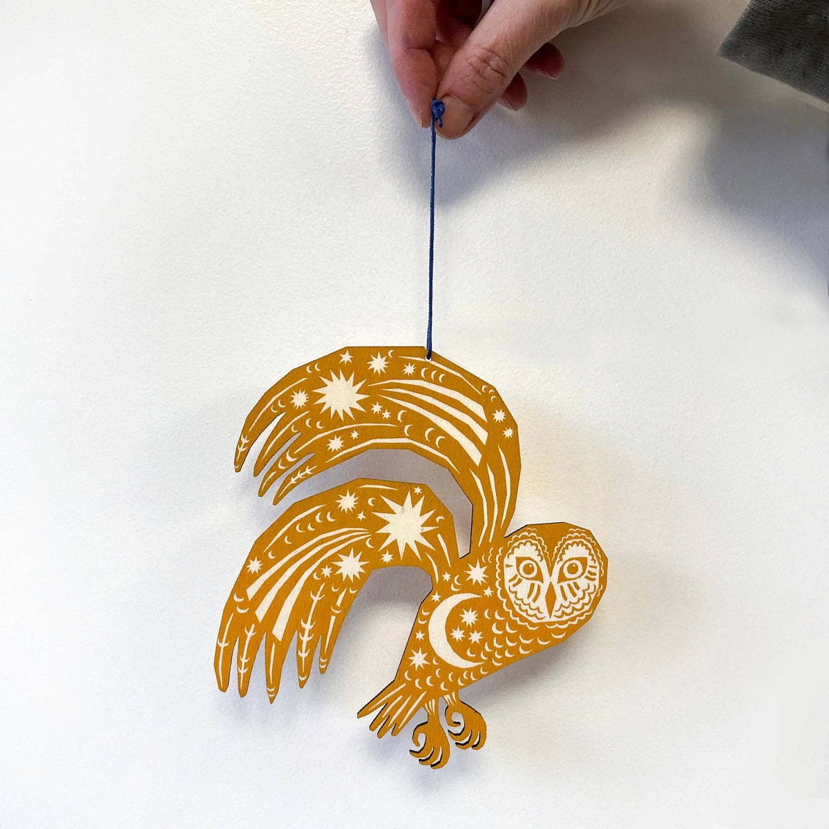 Yellow Ochre Owl - Screen Printed Wooden Ornament