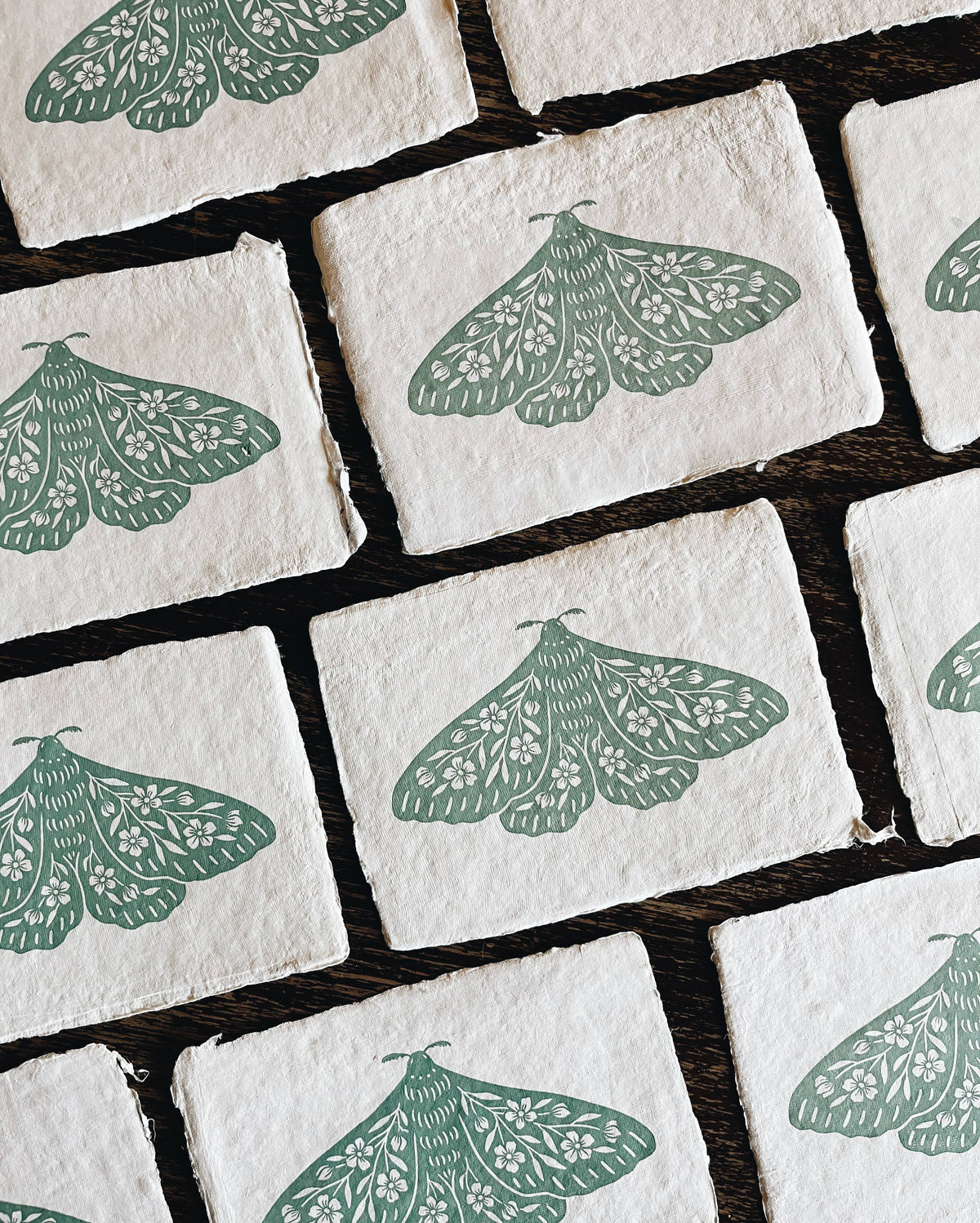 Seafoam Floral Moth Block Print - 5" x 7"