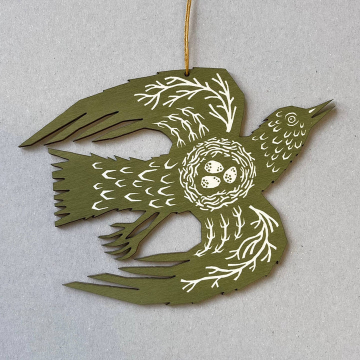 Olive Green Bird - Screenprinted Wooden Ornament