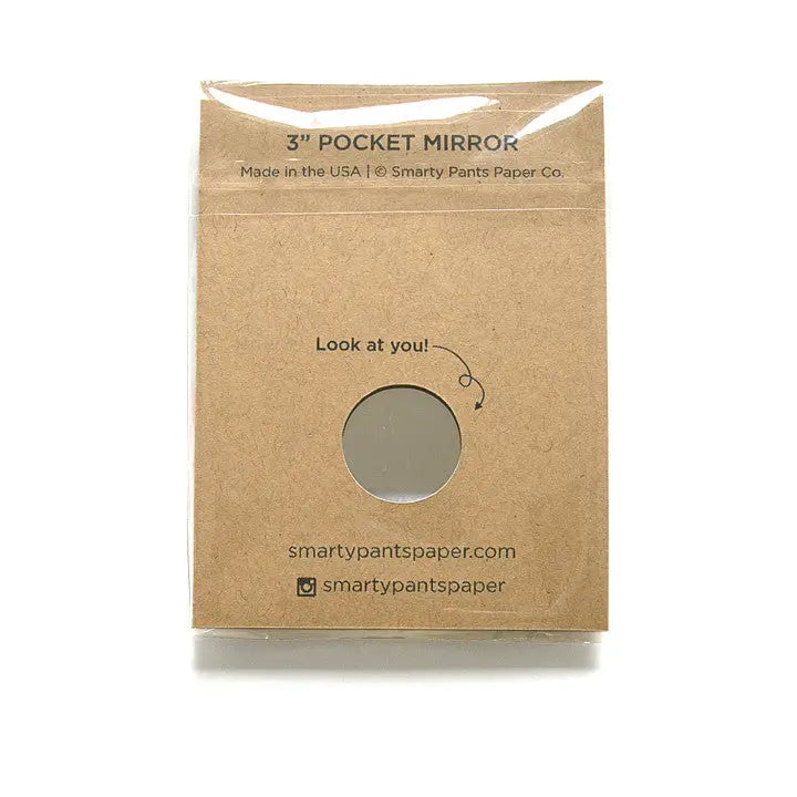 Kraft paper packaging for a 3-inch pocket mirror with branding and text.