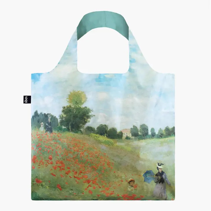 Deliberate dabs and daubs in deep blues and pastel hues. Vibrant Poppies. Wispy clouds. A colorful rhythm starting from a sprinkling of poppies on the recycled tote bag. Claude Monet (1840-1926) Wild Poppies, near Argenteuil, 1873  Claude Monet explored plein-air painting near Argenteuil, France. Let your imagination wander into the glorious garden, one of his biggest sources of inspiration. "The richness I achieve comes from nature..."