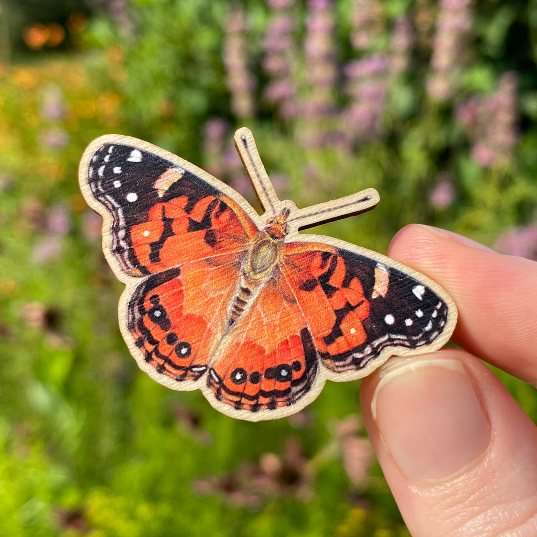 Orange American Painted Lady Butterfly Wooden Pin