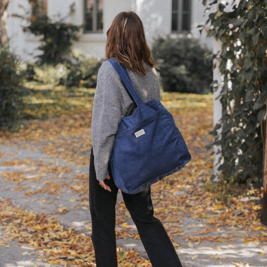 Double Pocket Tote Bag - Corduroy Ocean Blue