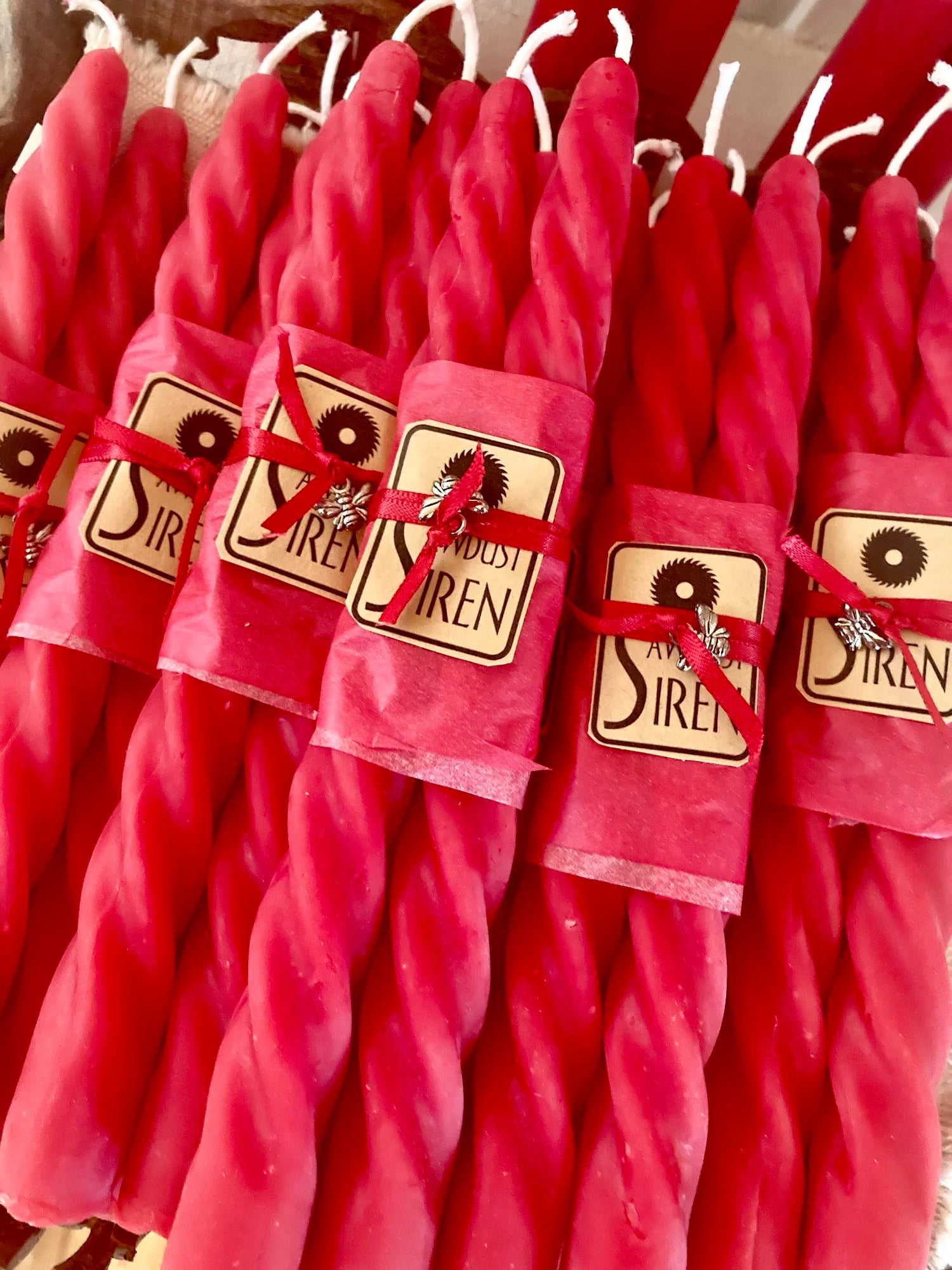 Curly Beeswax Taper Candles - Red