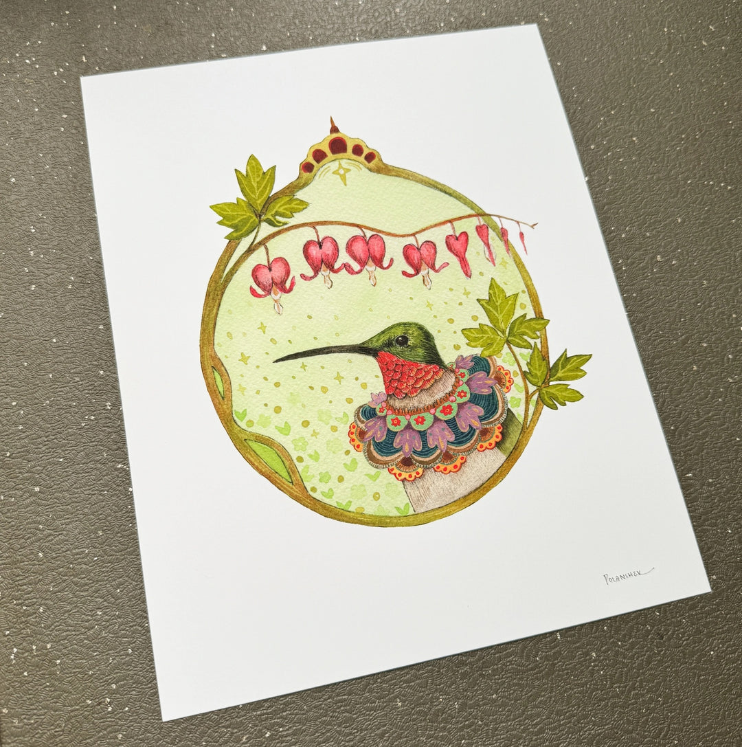 Floral Flight Crew: Hummingbird Of Bleeding Hearts - 8x10