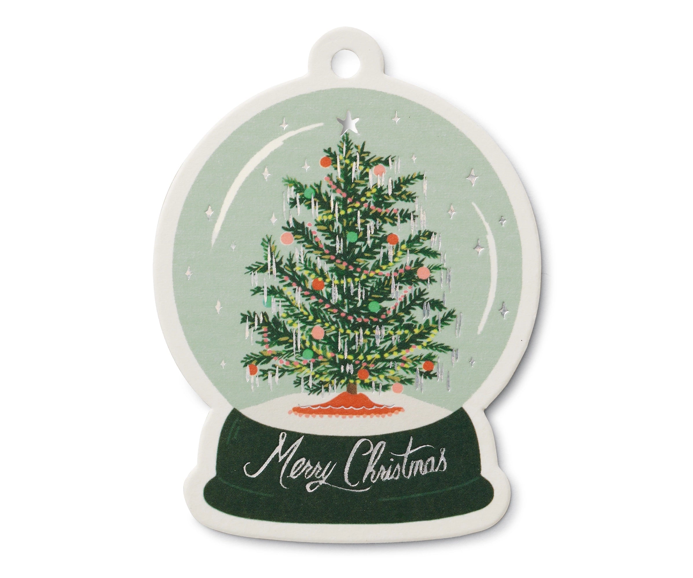 A round gift tag featuring a snow globe design with a Christmas tree inside, and the text 'Merry Christmas' at the bottom.