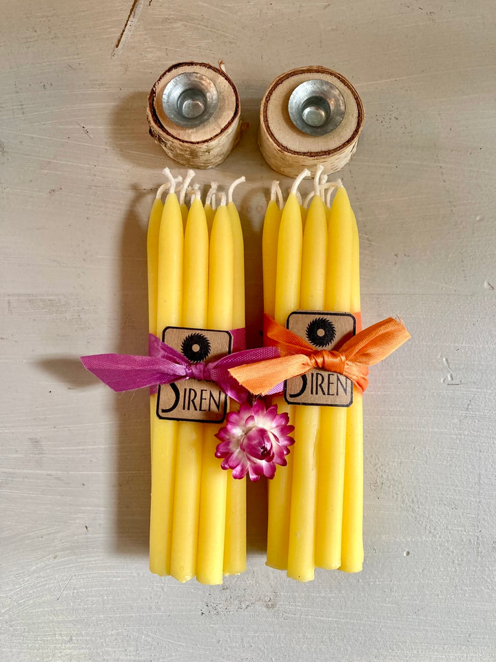 Tiny Taper Beeswax Candles with Birch Holder