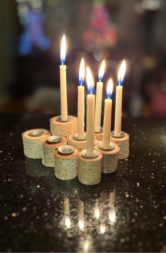 Tiny Taper Beeswax Candles with Birch Holder